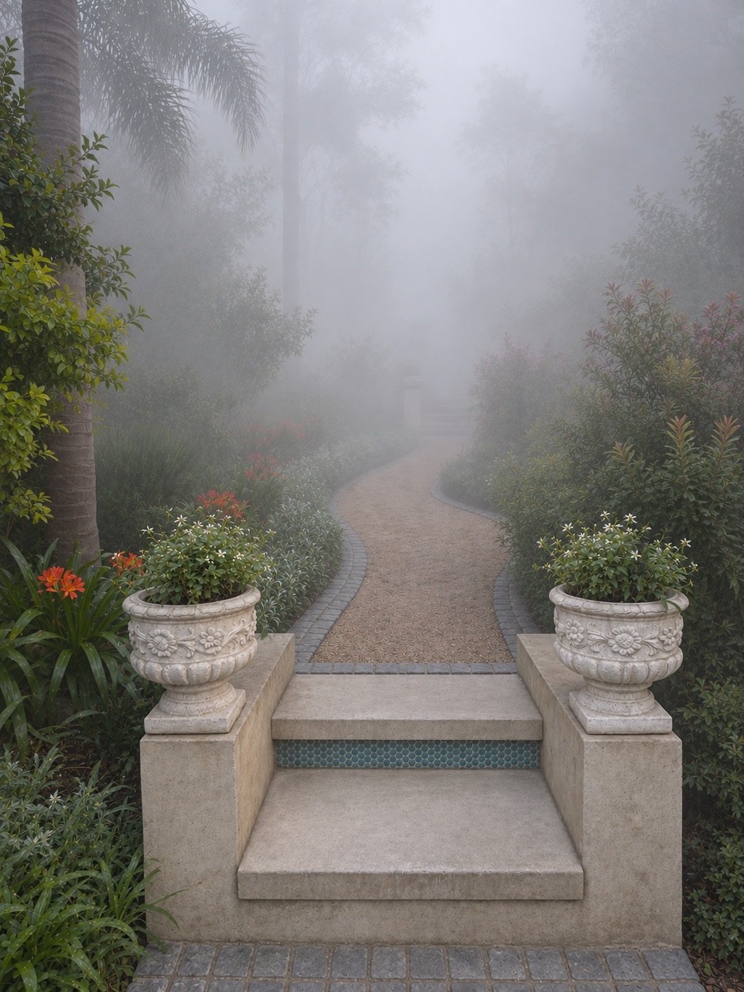 A garden path disappearing into thick mist, stone steps and urns visible only a short distance ahead.